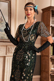 Vestido negro de champange con escote en V con flecos de Gatsby de la década de 1920 con lentejuelas