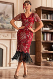 Vestido negro de champange con escote en V con flecos de Gatsby de la década de 1920 con lentejuelas
