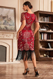 Vestido negro de champange con escote en V con flecos de Gatsby de la década de 1920 con lentejuelas