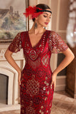 Vestido negro de champange con escote en V con flecos de Gatsby de la década de 1920 con lentejuelas