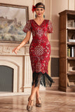 Vestido rojo de Gatsby con flecos en V de la década de 20 con lentejuelas
