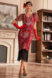 Vestido rojo de Gatsby con flecos en V de la década de 20 con lentejuelas