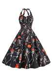Halloween Black Halter Pumpkin Vestido impreso de la década de 1950
