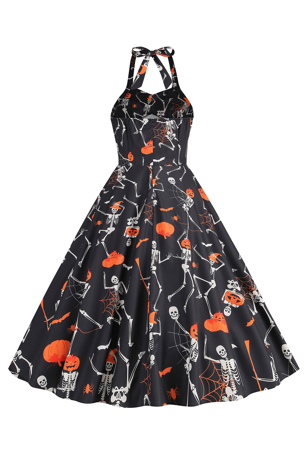 Halloween Black Halter Pumpkin Vestido impreso de la década de 1950