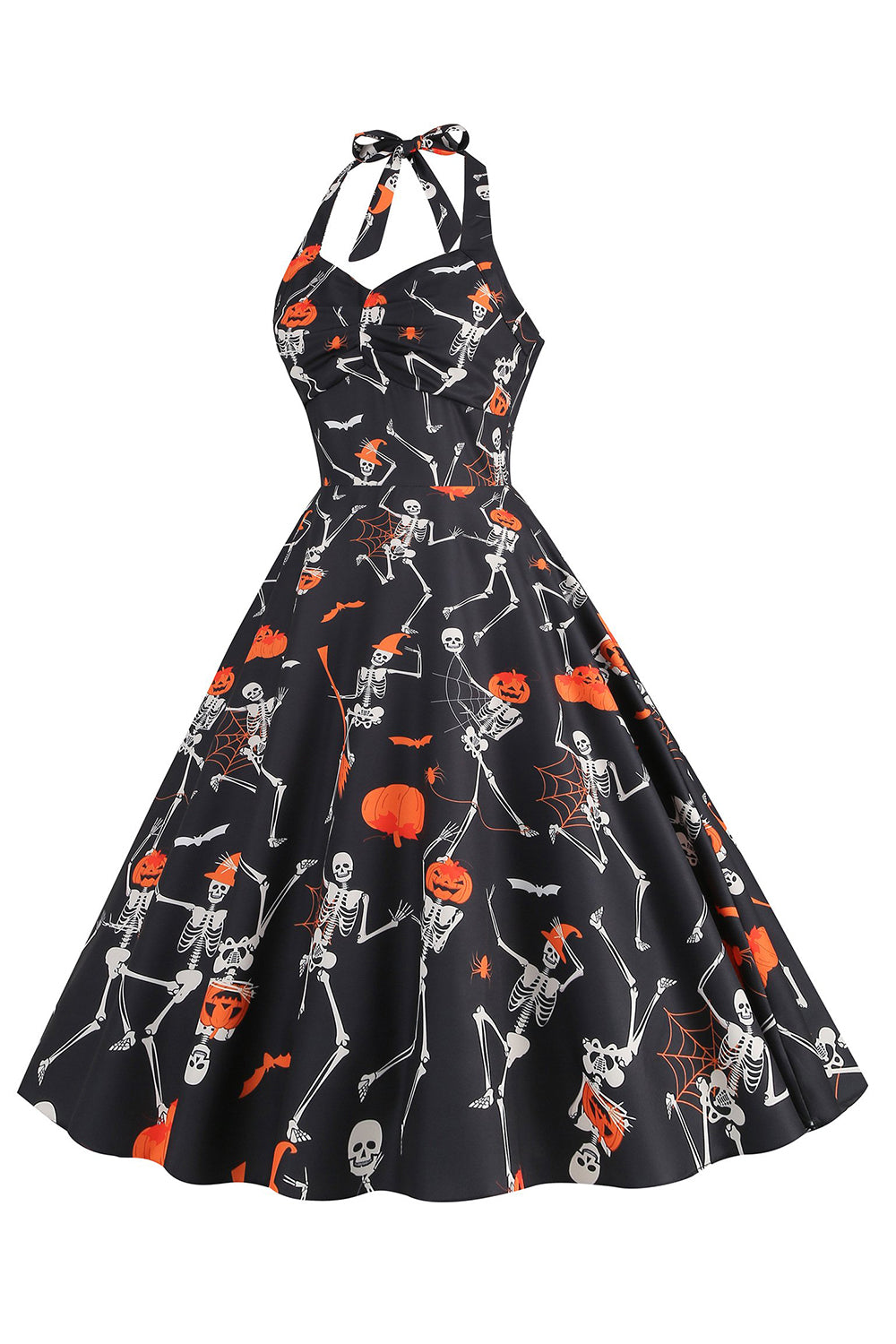 Halloween Black Halter Pumpkin Vestido impreso de la década de 1950