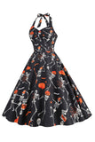 Halloween Black Halter Pumpkin Vestido impreso de la década de 1950