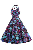 Halloween Black Halter Pumpkin Vestido impreso de la década de 1950