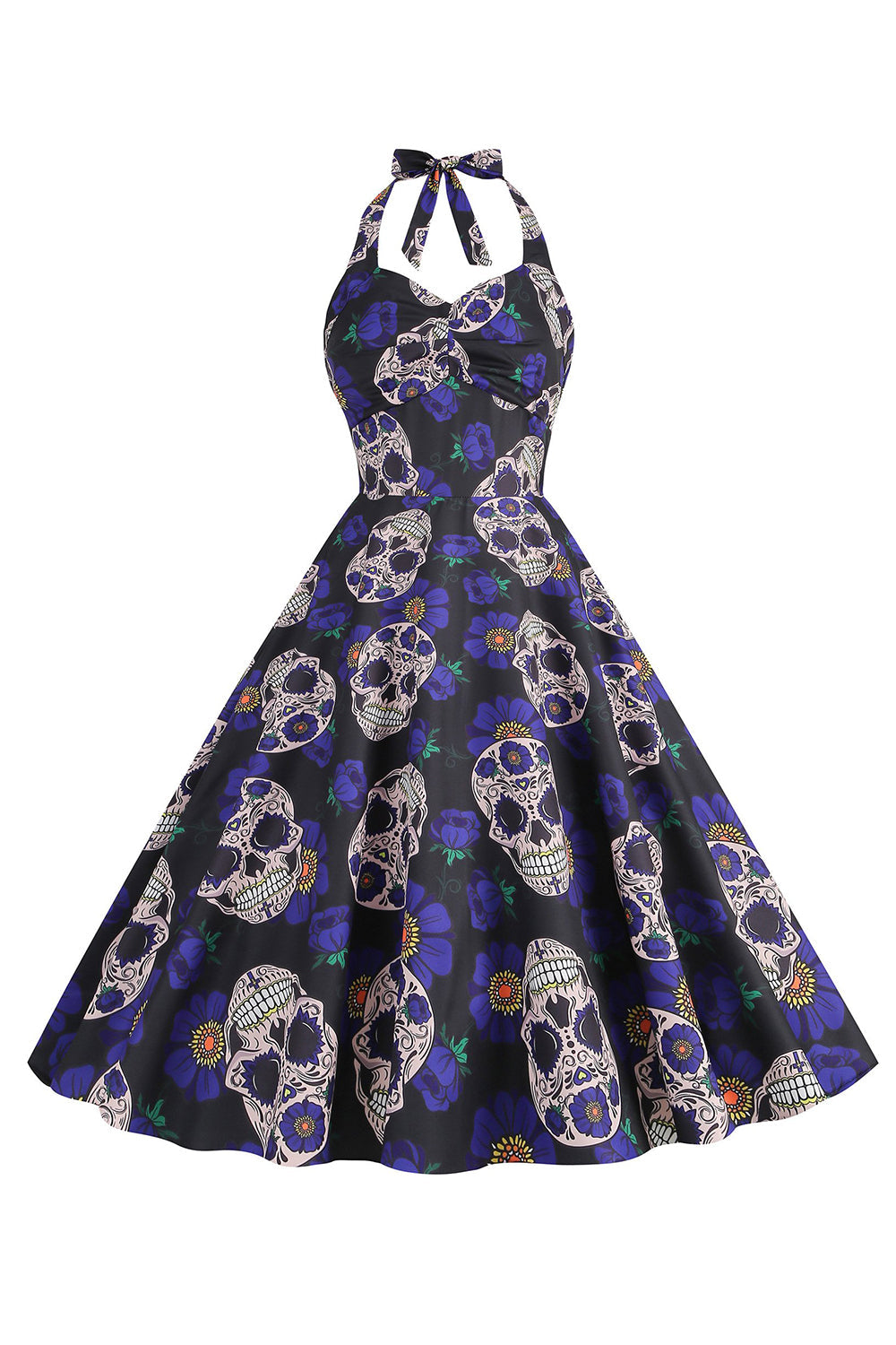 Halloween Black Halter Pumpkin Vestido impreso de la década de 1950