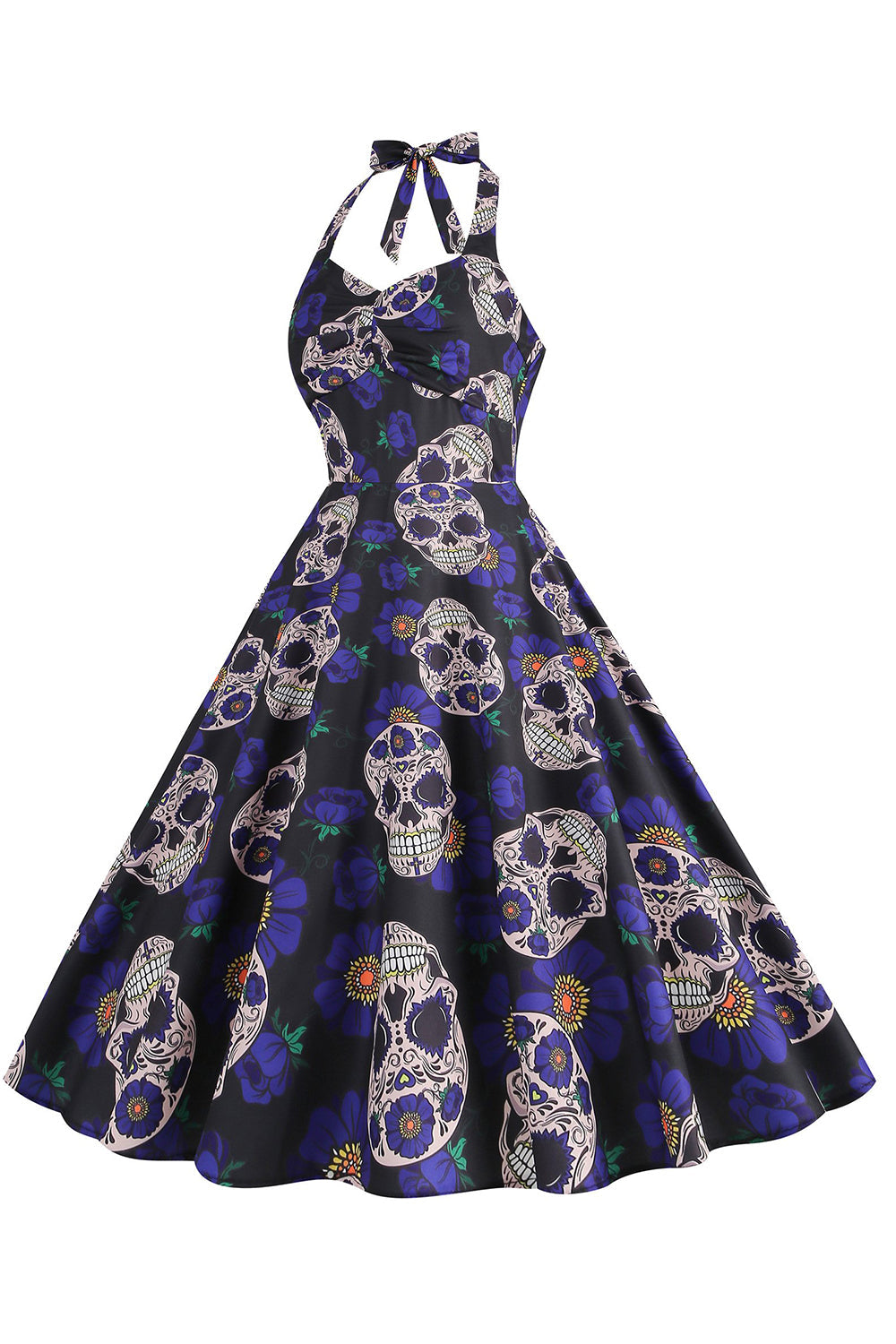 Halloween Black Halter Pumpkin Vestido impreso de la década de 1950
