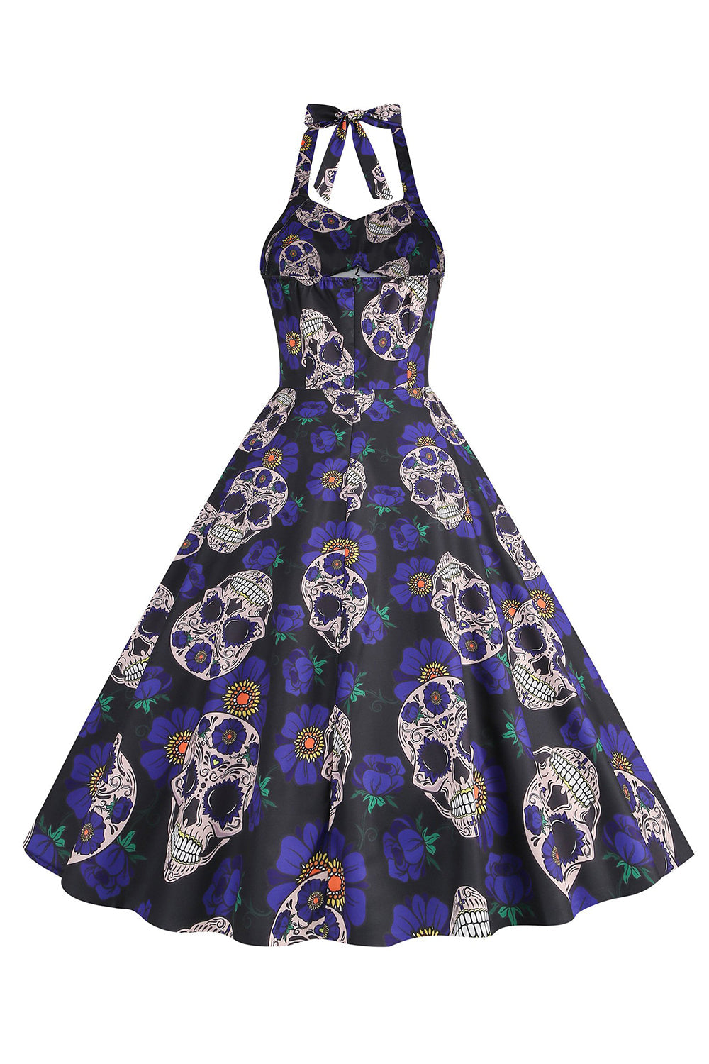 Halloween Black Halter Pumpkin Vestido impreso de la década de 1950
