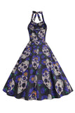 Halloween Black Halter Pumpkin Vestido impreso de la década de 1950