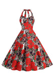 Halloween Black Halter Pumpkin Vestido impreso de la década de 1950