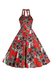 Halloween Black Halter Pumpkin Vestido impreso de la década de 1950