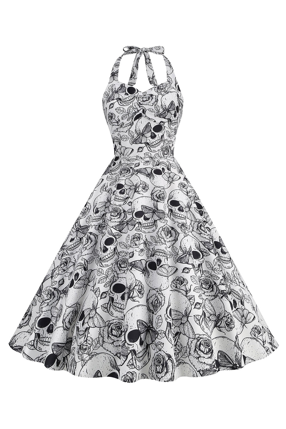 Halloween Black Halter Pumpkin Vestido impreso de la década de 1950