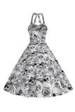 Halloween Black Halter Pumpkin Vestido impreso de la década de 1950