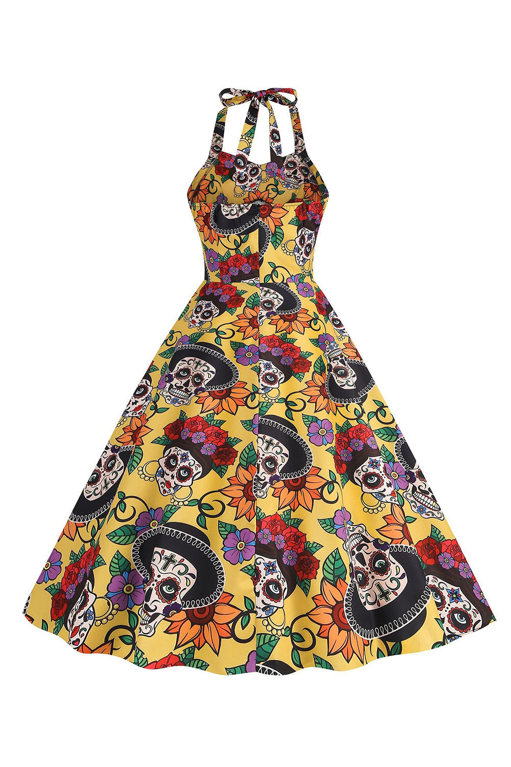 Halloween Black Halter Pumpkin Vestido impreso de la década de 1950