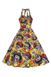 Halloween Black Halter Pumpkin Vestido impreso de la década de 1950
