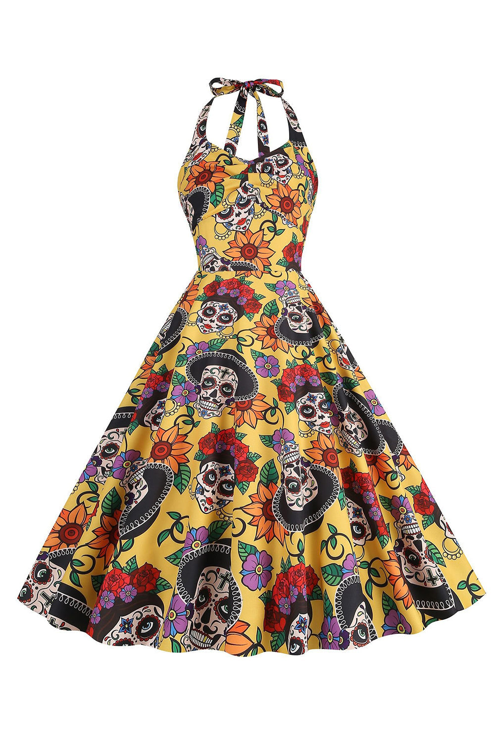 Halloween Black Halter Pumpkin Vestido impreso de la década de 1950