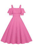Cold Shoulder Polka Dots Pink 1950s Vestido