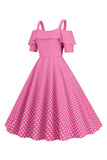 Cold Shoulder Polka Dots Pink 1950s Vestido