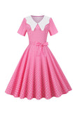 Pink Polka Dot Mangas Cortas Peter Pan Vestido Vintage