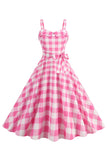 Correas de espagueti rosa a cuadros Una línea 1950 Vestido
