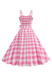 Correas de espagueti rosa a cuadros Una línea 1950 Vestido