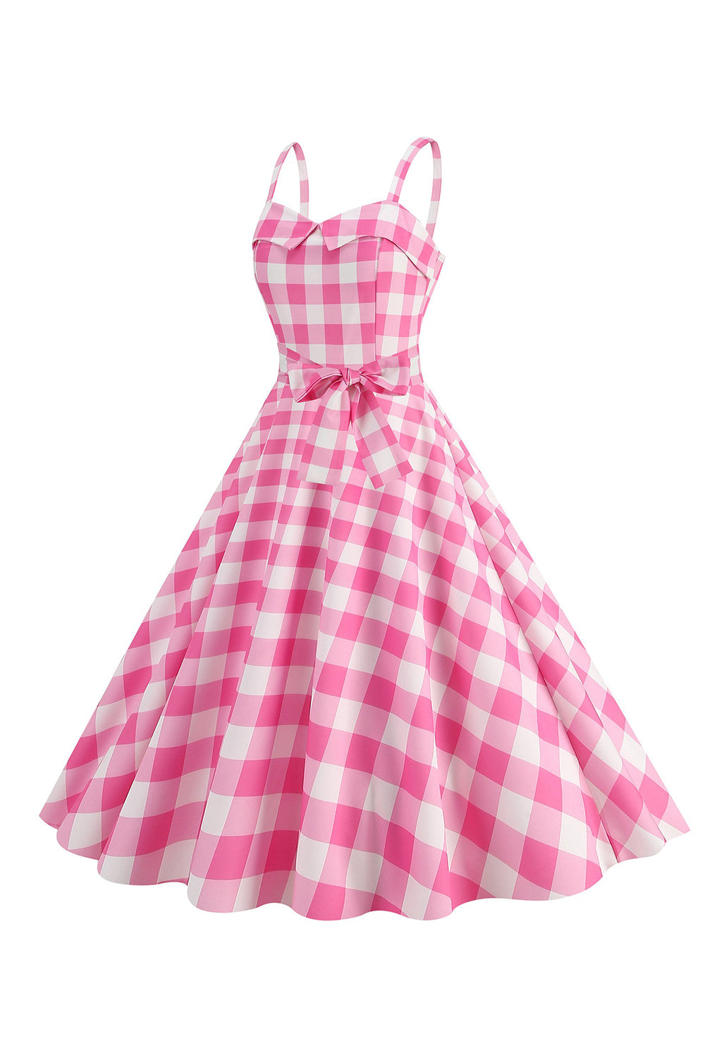 Correas de espagueti rosa a cuadros Una línea 1950 Vestido