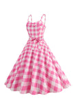 Correas de espagueti rosa a cuadros Una línea 1950 Vestido
