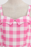 Correas de espagueti rosa a cuadros Una línea 1950 Vestido