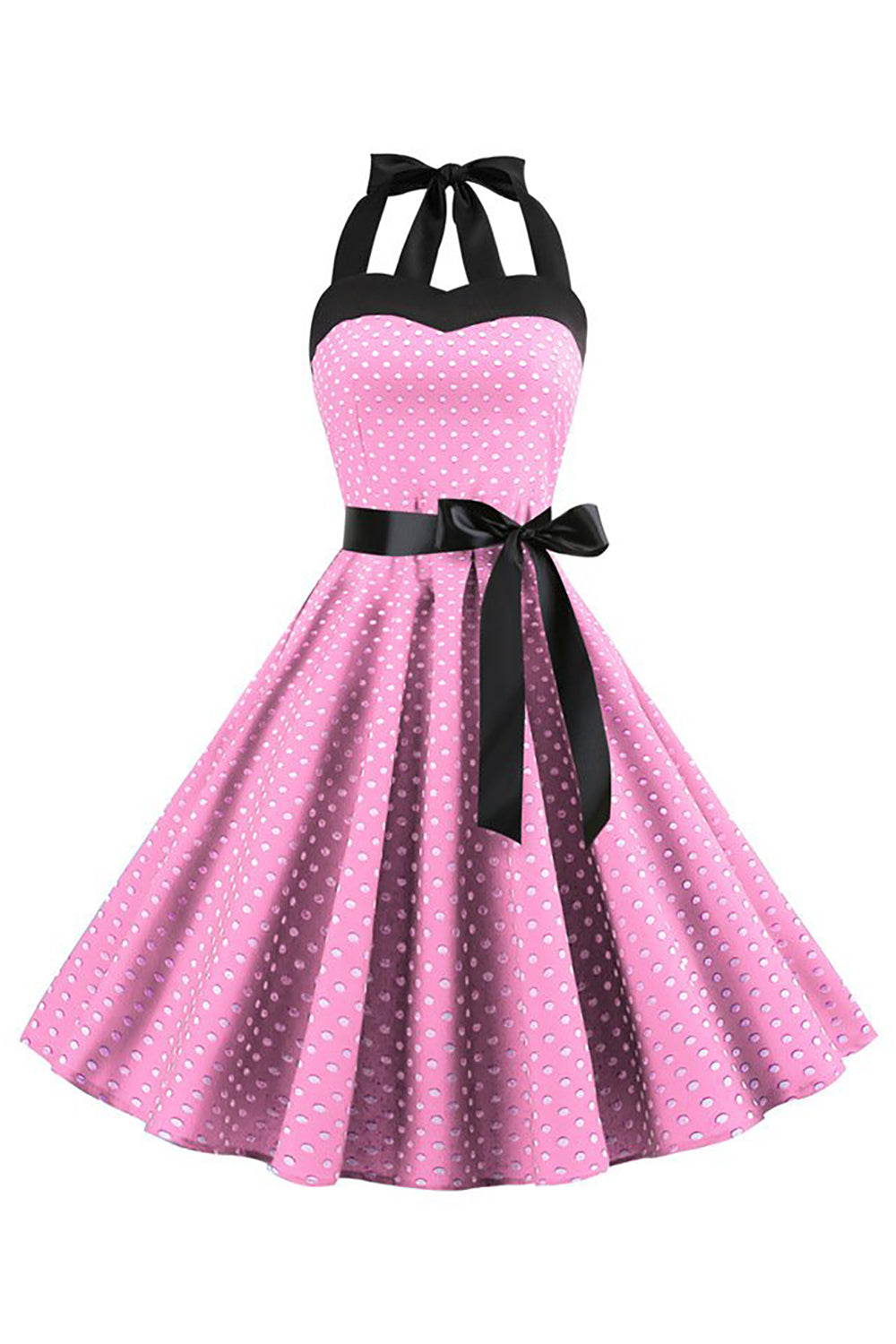 Vestido de lunares rosas halter de la década de 1950 con moño