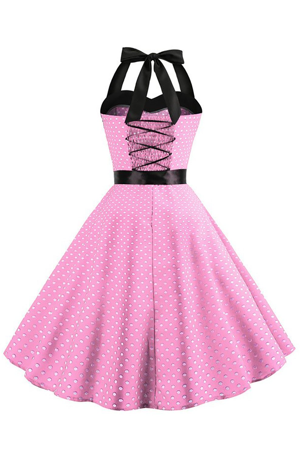 Vestido de lunares rosas halter de la década de 1950 con moño