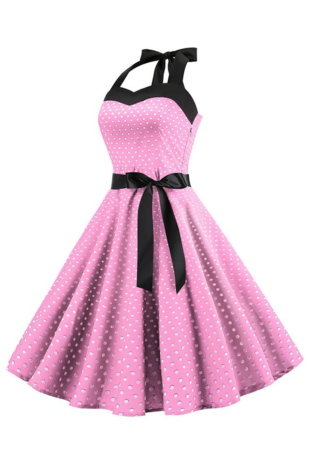 Vestido de lunares rosas halter de la década de 1950 con moño