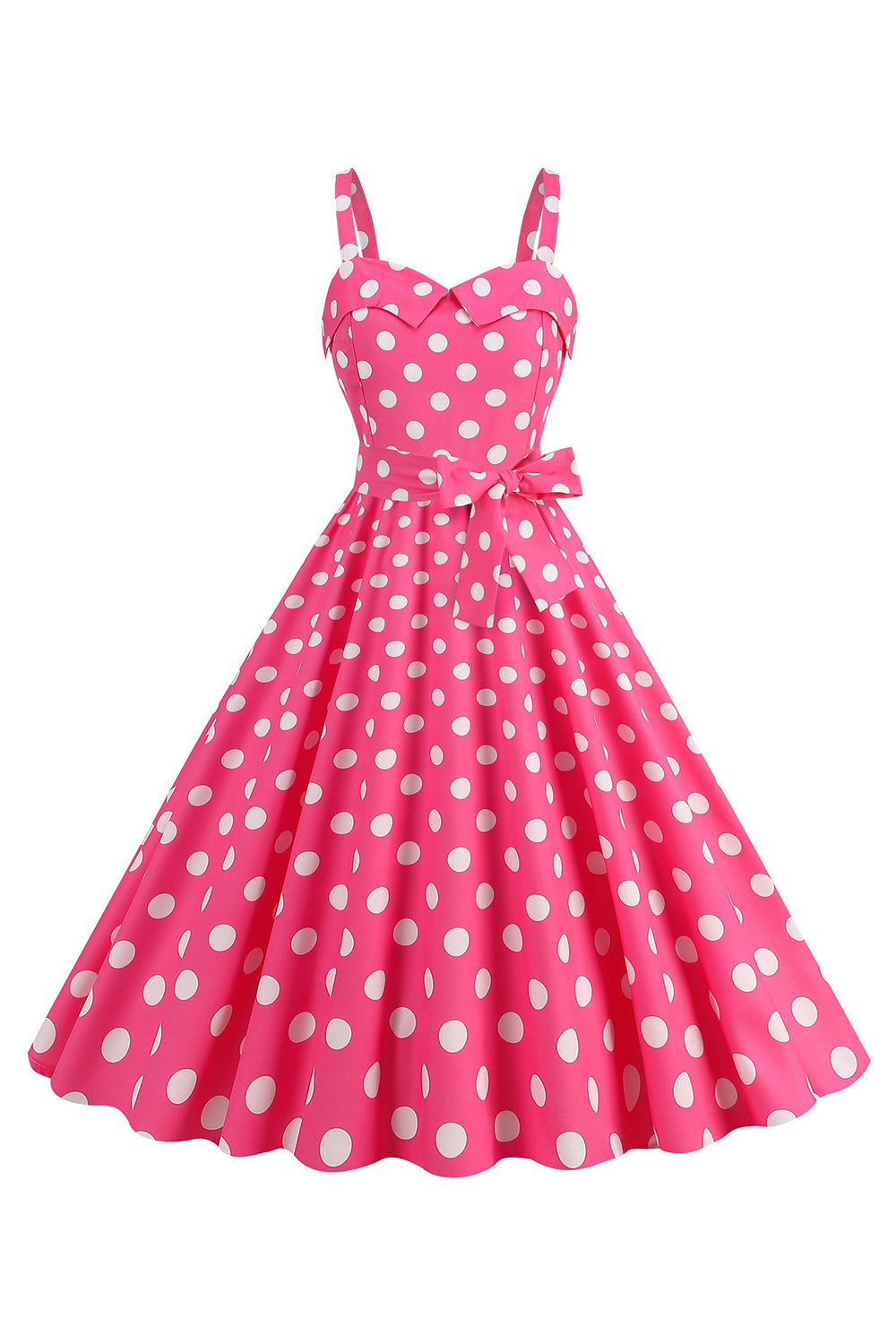 Correas de espagueti rosa lunares Vestido de lunares de la década de 1950 con moño