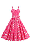 Correas de espagueti rosa lunares Vestido de lunares de la década de 1950 con moño