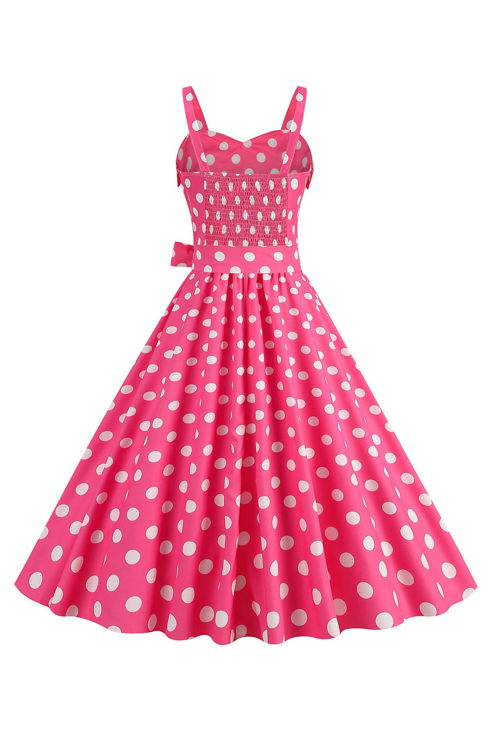 Correas de espagueti rosa lunares Vestido de lunares de la década de 1950 con moño