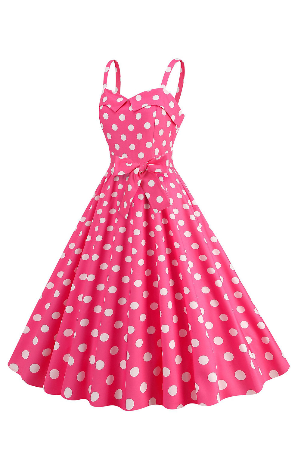Correas de espagueti rosa lunares Vestido de lunares de la década de 1950 con moño