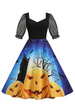 Black A Line Halloween Vestido vintage impreso