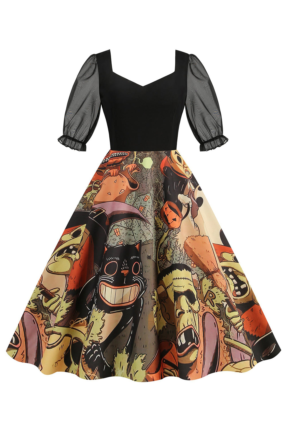 Black A Line Halloween Vestido vintage impreso