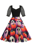 Black A Line Halloween Vestido vintage impreso