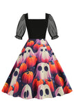 Black A Line Halloween Vestido vintage impreso