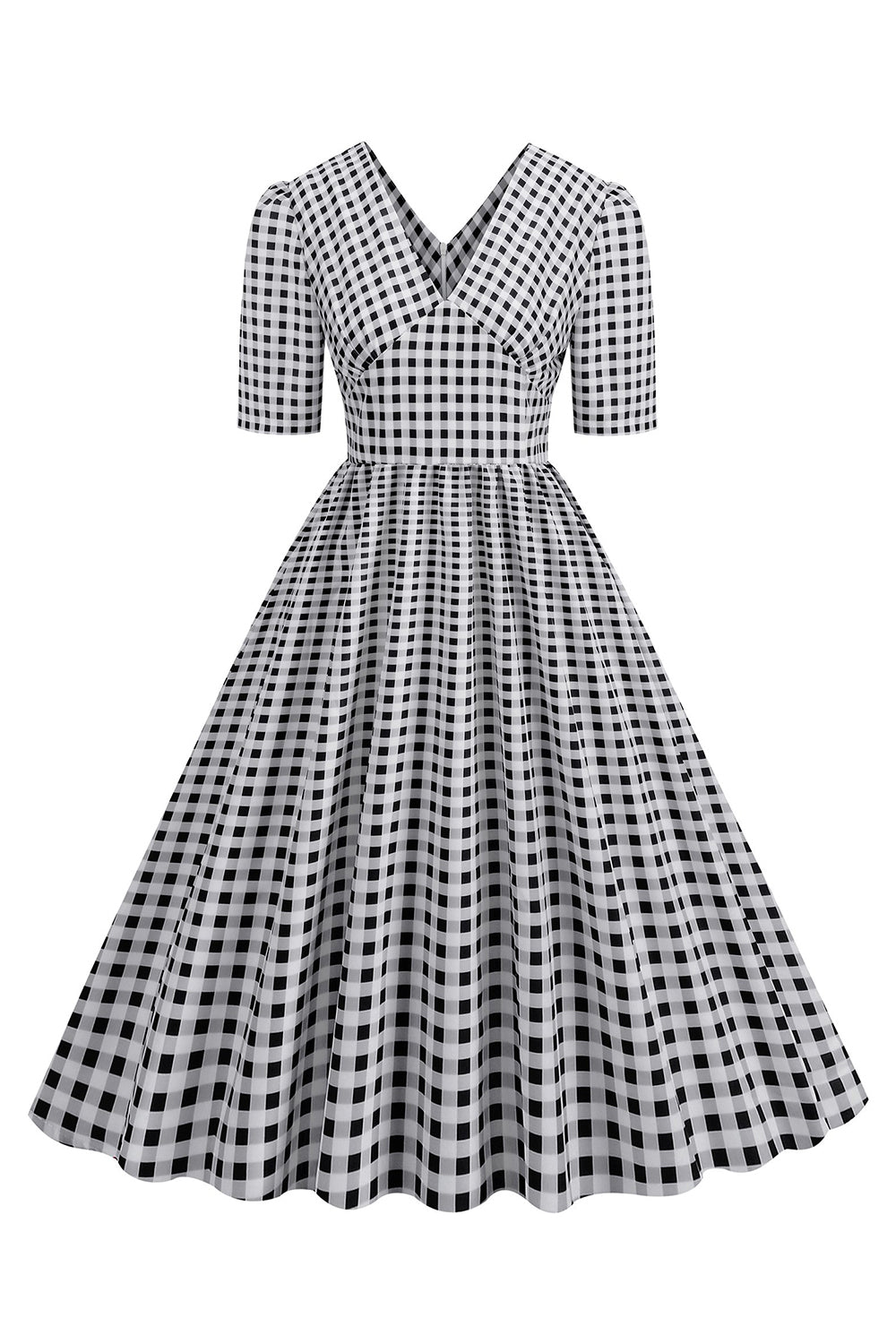 Vestido negro con cuello en V con cuello en V de la década de 1950