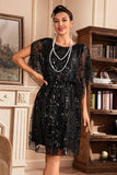 Vestido de lentejuelas negras con mangas de murciélago de la década de 1920
