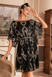 Vestido negro de lentejuelas brillantes de la década de 1920 con mangas de murciélago