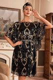 Vestido negro de lentejuelas brillantes de la década de 1920 con mangas de murciélago