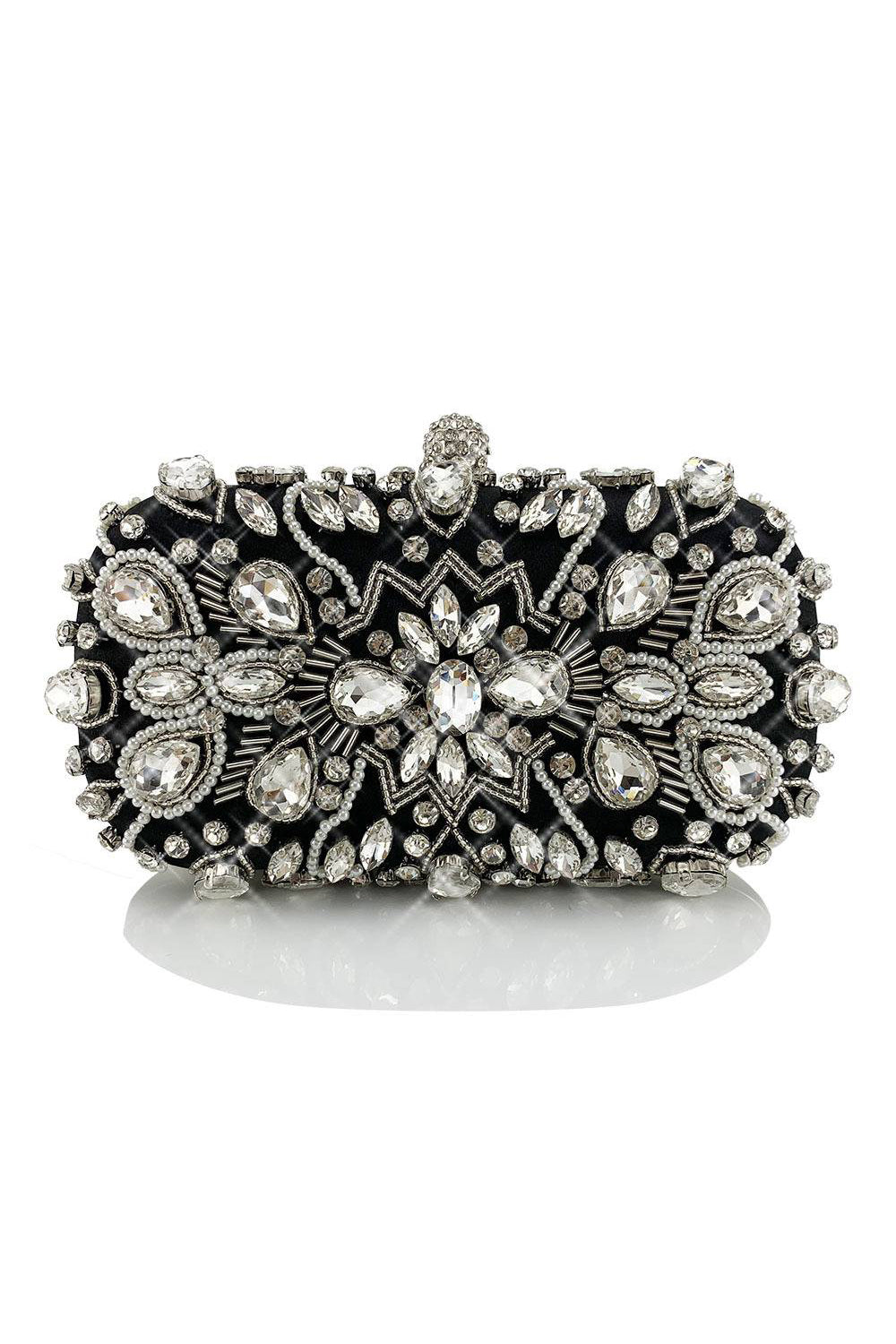 Bolso de mano de fiesta negro brillante con diamantes de imitación