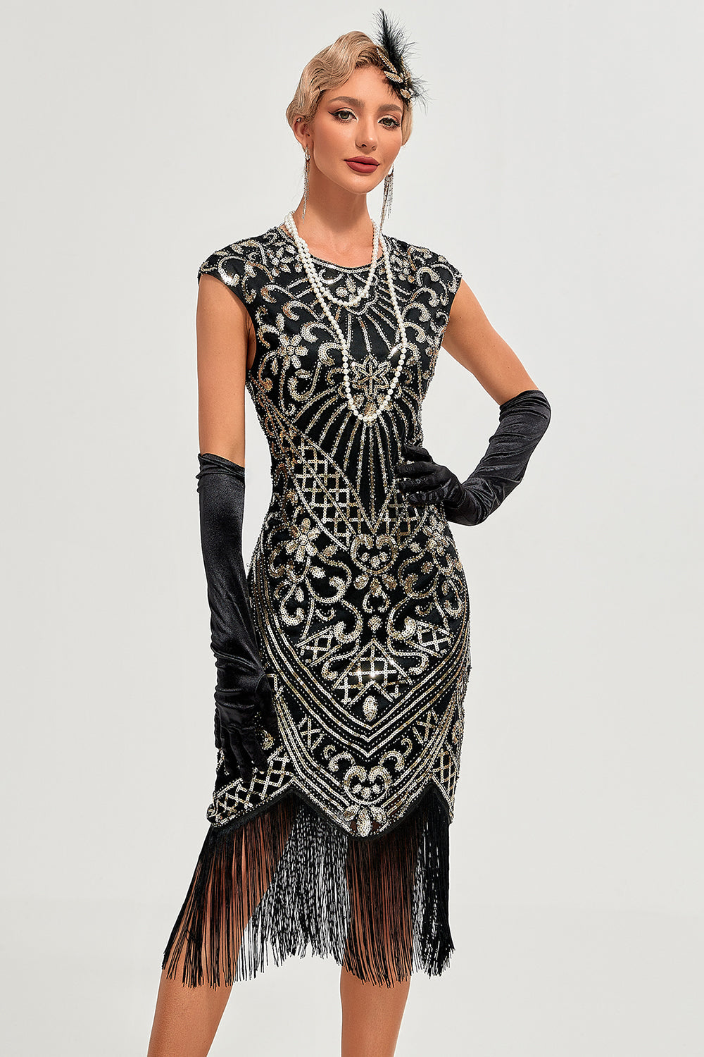 Vestido de Gatsby de la década de 1920 con flecos con cuentas negras brillantes