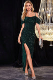 Vestido de cerdo de lentejuelas verde oscuro Shinly Cold Shoudler con abertura
