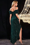 Vestido de cerdo de lentejuelas verde oscuro Shinly Cold Shoudler con abertura