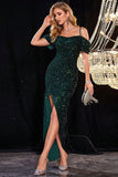 Vestido de cerdo de lentejuelas verde oscuro Shinly Cold Shoudler con abertura
